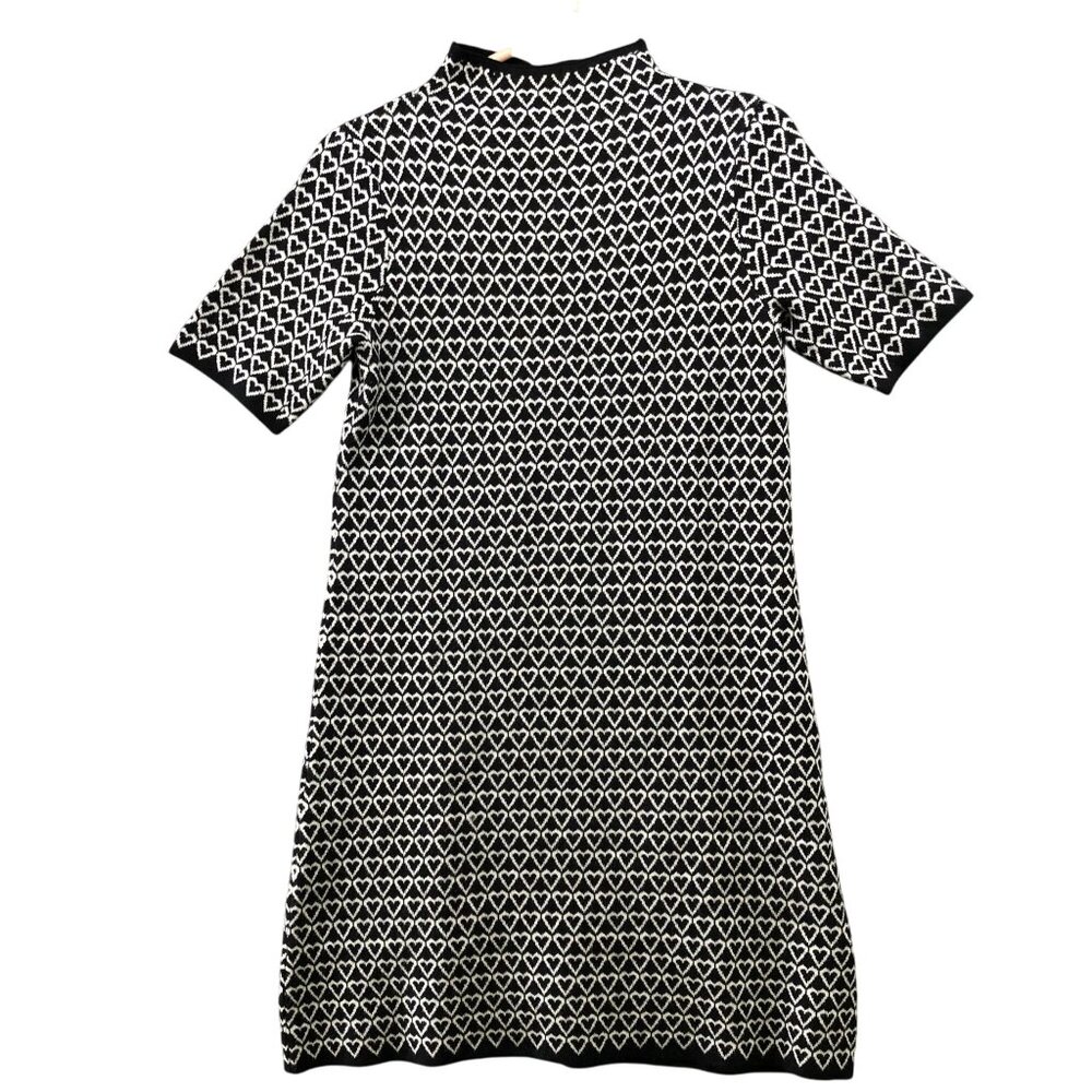 Nicole Miller Sweater Dress Womens S Short Sleeve‎ Heart Print Black White Mock